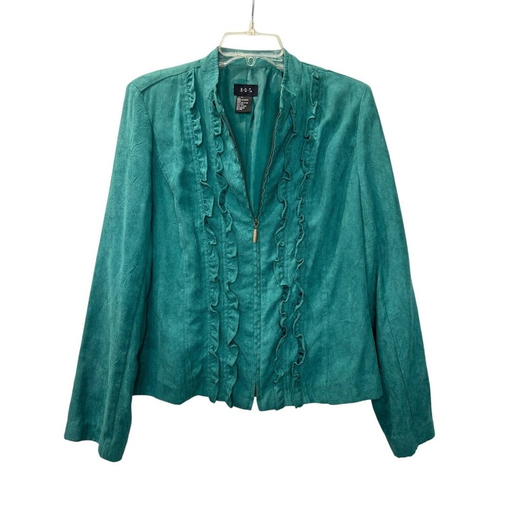 RQT Teal Green Faux Suede Ruffle Zip Front Blazer Jacket Medium Career Business